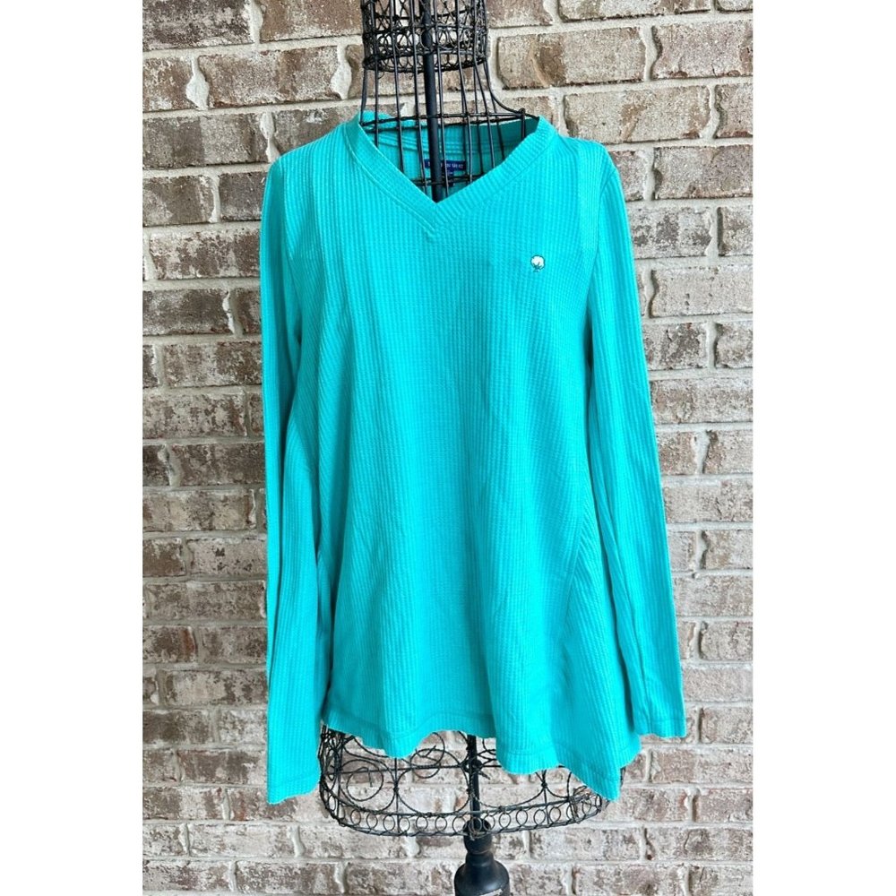 Southern Shirt Thermal Top Medium Teal Cotton Ball Asymmetrical NWOT